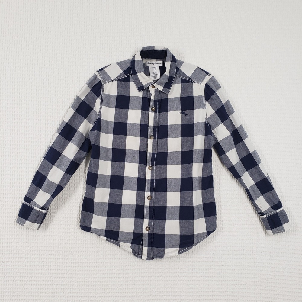 Tommy Bahama Button Down Shirt Boys Medium 7/8 Navy White Buffalo Plaid Coastal